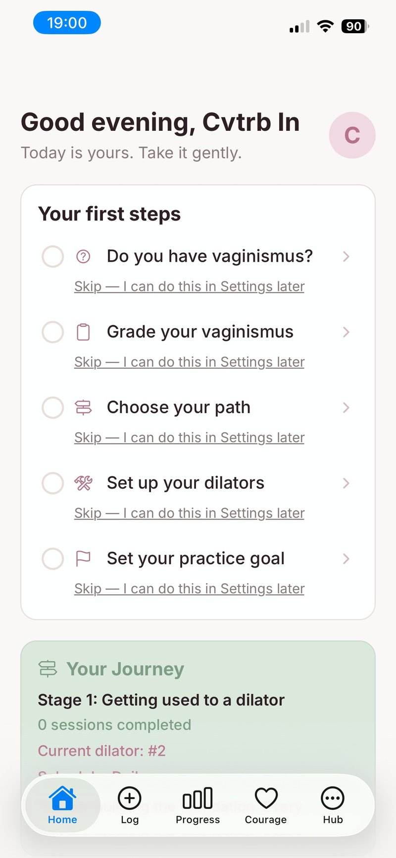 TVZ app home screen showing personalised first steps and journey card