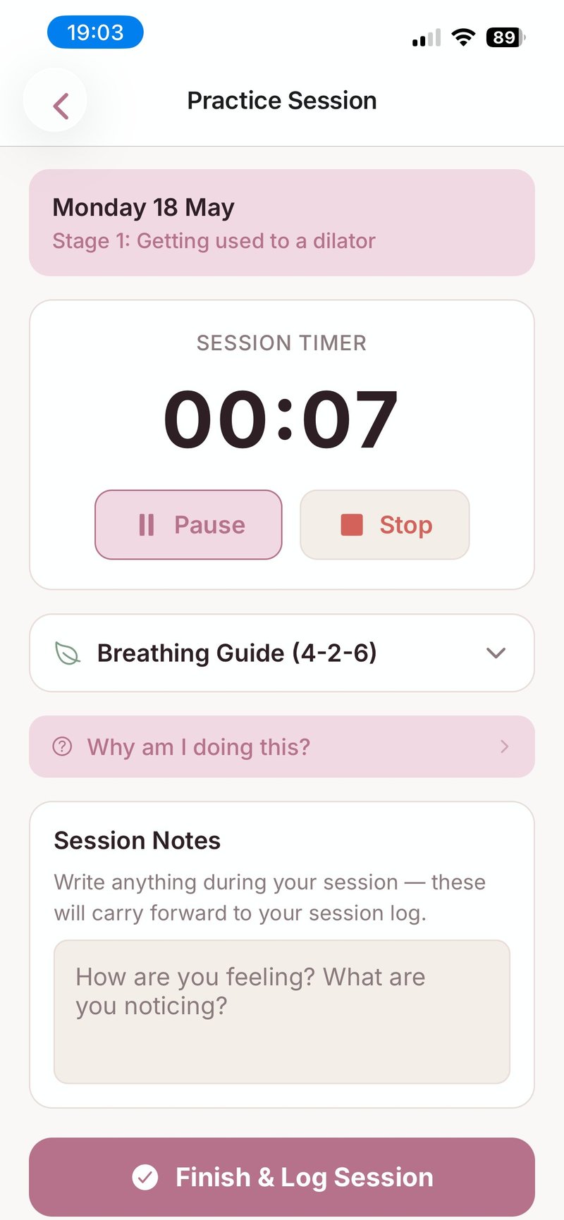 TVZ practice session screen with timer, breathing guide, and session notes